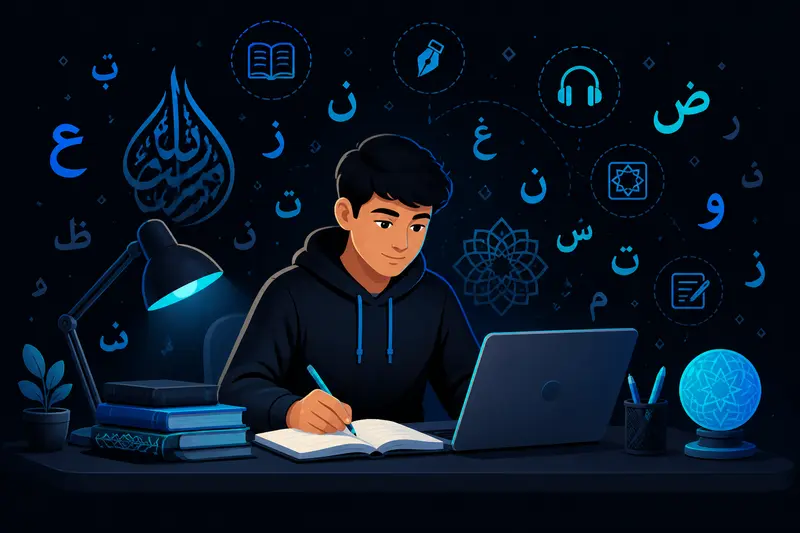Schüler lernt Arabisch mit Lernkarten und arabischen Schriftzeichen auf einem Bildschirm