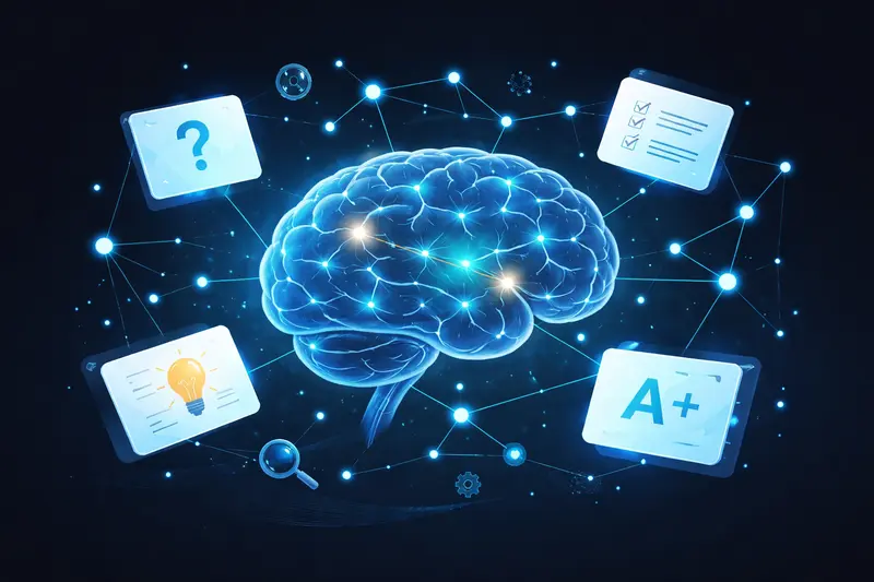 Auswendig lernen Tipps: Gehirn mit leuchtenden Gedächtnispfaden und Karteikarten