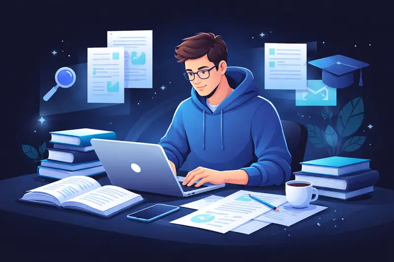 Student schreibt Bachelorarbeit am Laptop mit Notizen und Büchern