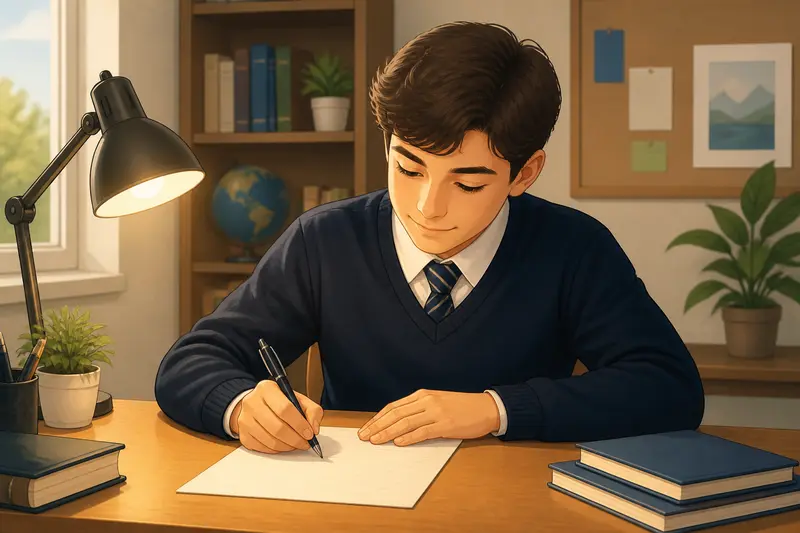 Schüler schreibt einen formellen Brief an einem Schreibtisch