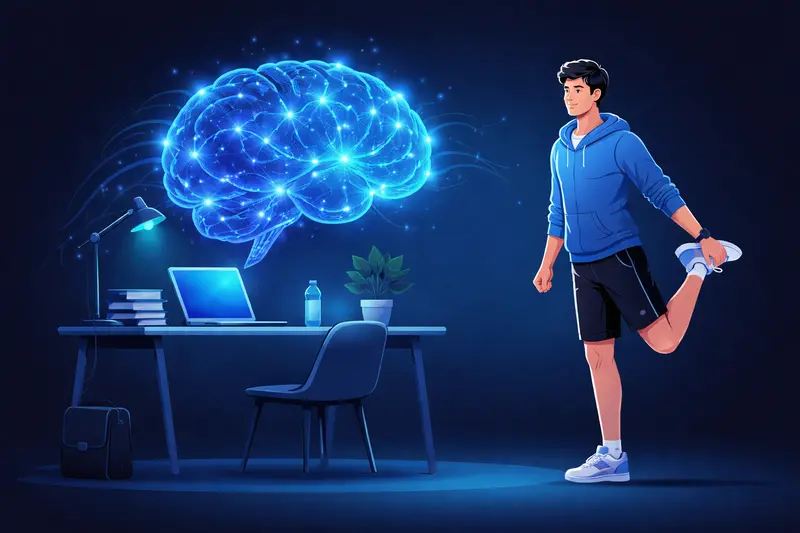 Student bei leichter Bewegung neben Büchern und Laptop, Gehirn mit leuchtenden Verbindungen symbolisiert verbesserte Lernleistung durch Sport
