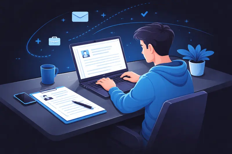 Student schreibt Bewerbungsschreiben am Laptop