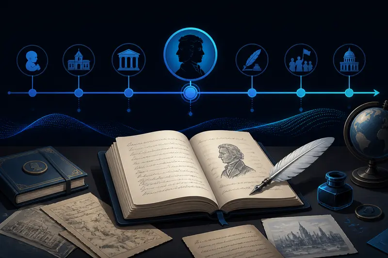 Zeitstrahl mit Lebensereignissen, aufgeschlagenes Buch und Notizen für eine Biografie