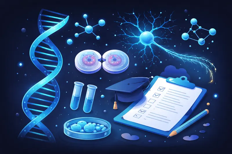 Biologie Abitur Vorbereitung: DNA-Helix, Nervenzellen und Molekülstrukturen als Illustration