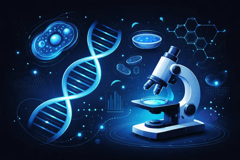 Biologische Zellstrukturen und DNA-Doppelhelix als digitale Illustration