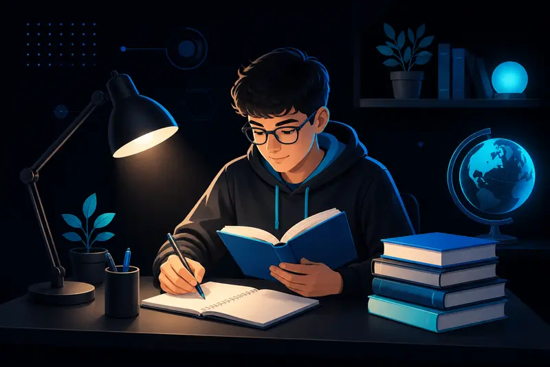 Schüler liest ein Buch und macht Notizen für einen Buchbericht