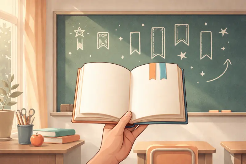 Hand hält ein aufgeschlagenes Buch vor einer Schultafel mit hellem Tageslicht