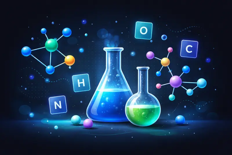 Chemie lernen Tipps: Molekülstrukturen und Laborelemente auf dunklem Hintergrund