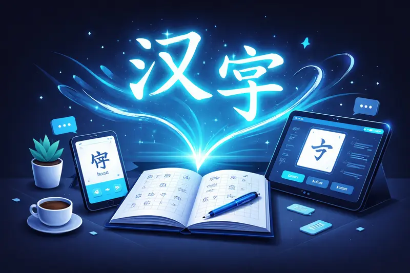 Chinesische Schriftzeichen und digitale Lernoberfläche auf dunklem Hintergrund
