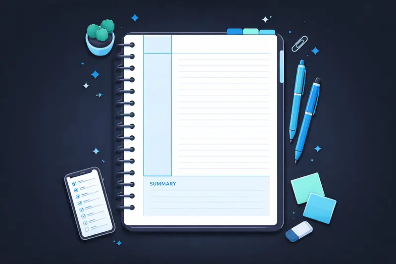 Cornell-Methode Notizen System mit drei Zonen: Mitschrift, Stichwort-Spalte und Zusammenfassung