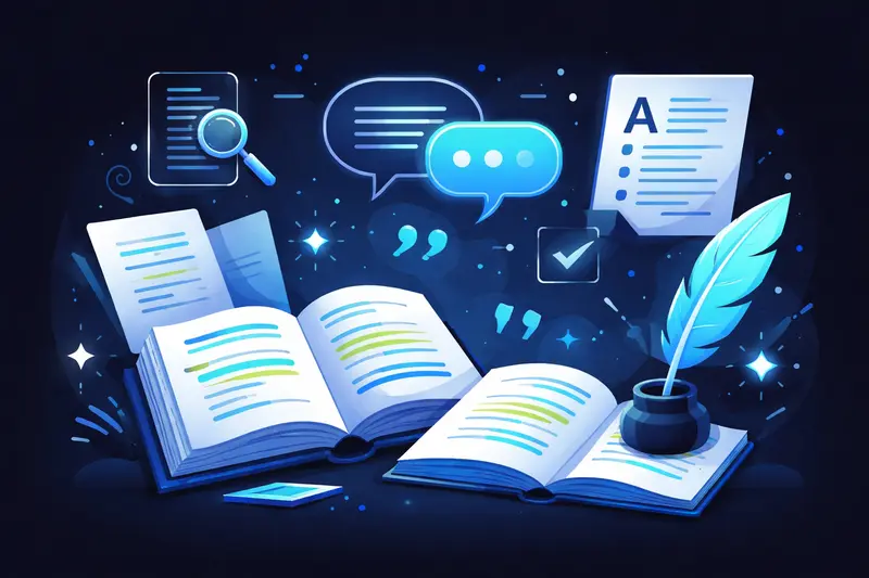 Deutsch Abitur Vorbereitung: Bücher, Textanalyse-Symbole und Schreibfeder auf dunklem Hintergrund