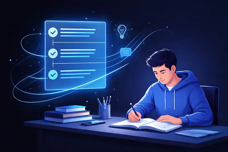 Schüler schreibt strukturierten Deutschaufsatz mit Gliederung