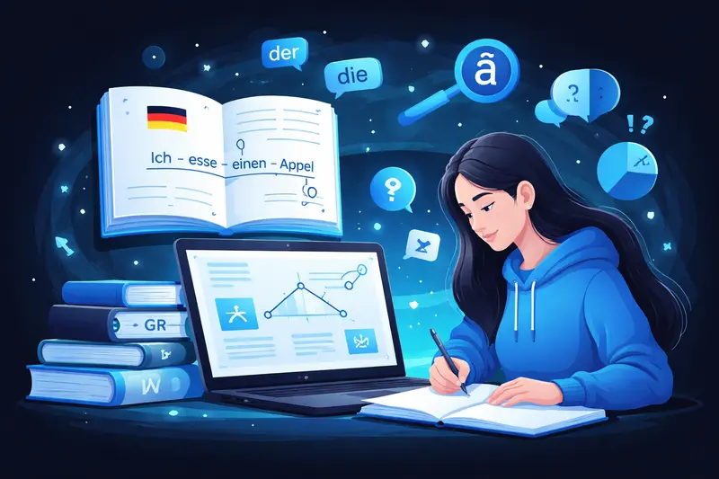 Schüler lernt deutsche Grammatikregeln am Laptop