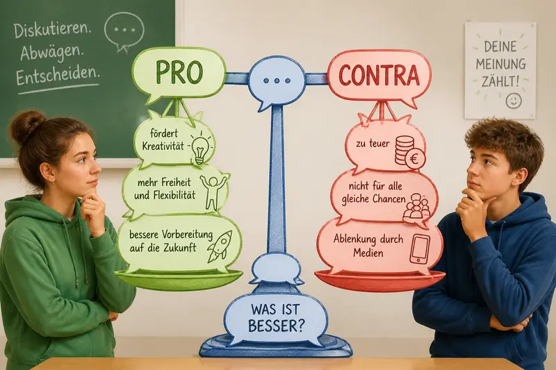 Zwei Sprechblasen als Waage, die Pro- und Kontra-Argumente einer Diskussion symbolisieren