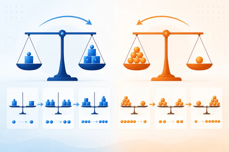 Illustration von Waagen und Zahlen als Symbol für proportionale Verhältnisse beim Dreisatz