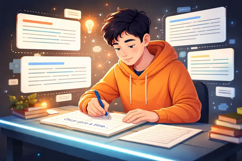 Schüler schreibt den ersten Satz eines Aufsatzes an einem Schreibtisch mit Notizbuch und Laptop