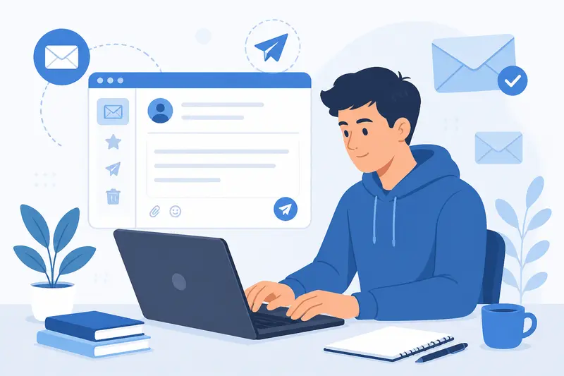 Illustration eines Schülers, der am Laptop eine E-Mail schreibt, umgeben von Briefumschlag-Symbolen