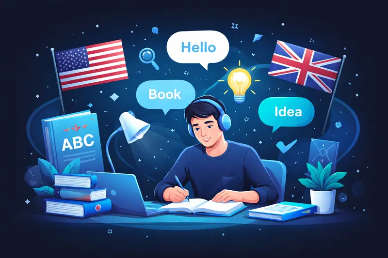 Illustration zum Thema Englisch lernen mit Büchern und Sprechblasen