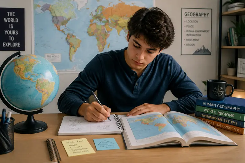 Student lernt Erdkunde Abitur mit Karte und Globus