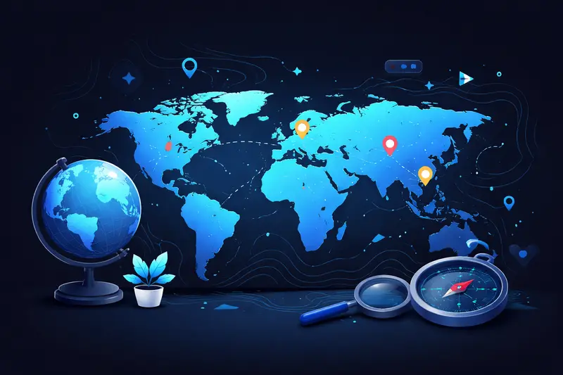 Erdkunde lernen: Karte mit Pins und Kompass auf dunklem Hintergrund