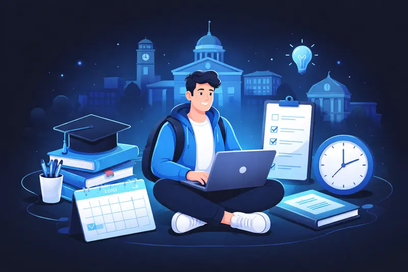 Student am Laptop mit Uni-Campus im Hintergrund, Bücher und Kalender als Symbol für das erste Semester