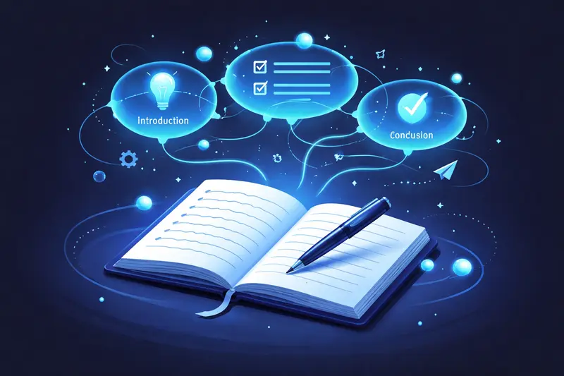 Illustration eines Essays mit Notizbuch, Füller und sich formenden Gedankenblasen