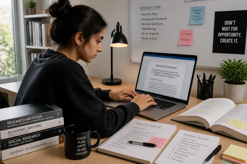 Student schreibt ein Exposé am Laptop mit Büchern und Notizen auf dem Schreibtisch