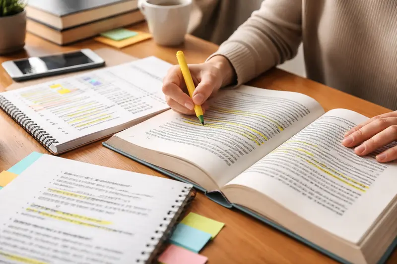 Schüler schreibt ein Exzerpt mit Textmarker und strukturierten Notizen auf einem Schreibtisch