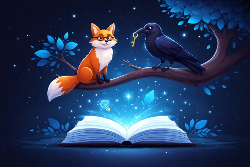 Fuchs und Rabe auf einem Ast als Fabeltiere über einem aufgeschlagenen Geschichtenbuch