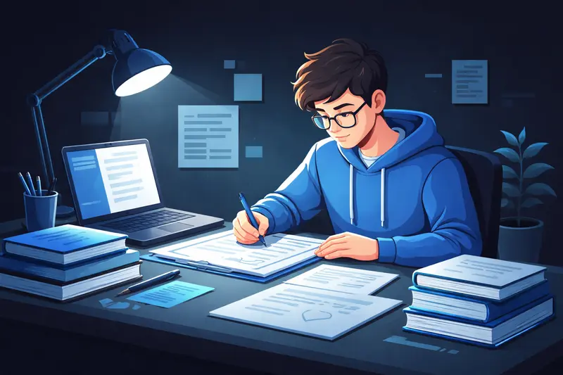 Schüler schreibt eine Facharbeit am Schreibtisch mit Büchern und Notizen