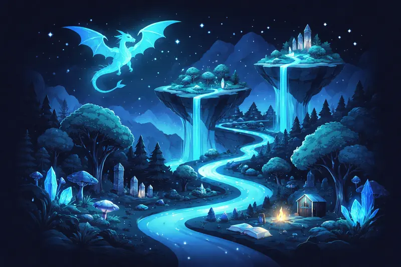 Fantasiewelt mit schwebenden Inseln, Drache und verwunschenem Wald als Symbol für kreatives Schreiben