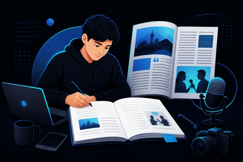 Illustration eines Schülers, der ein journalistisches Feature schreibt, mit Notizbuch, Magazin-Layout und Mikrofon