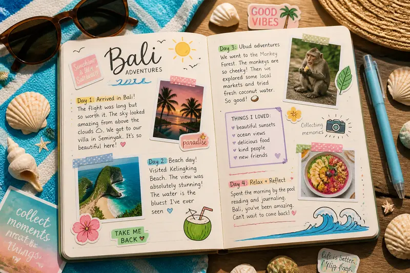 Buntes Ferientagebuch mit Fotos, Stickern und handgeschriebenen Notizen, umgeben von Urlaubsgegenständen