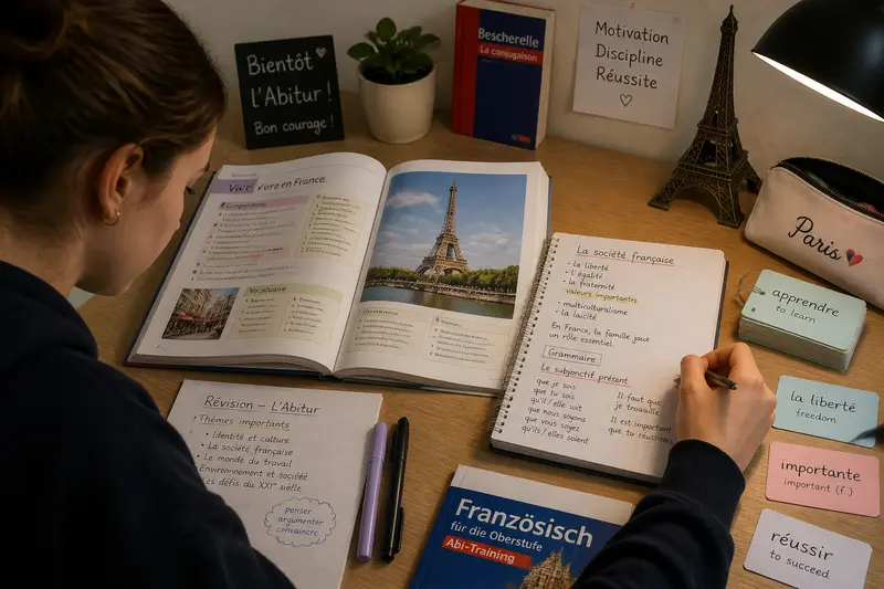 Schüler bereitet sich auf das Französisch Abitur vor mit Lehrbuch, Vokabelkarten und Notizen