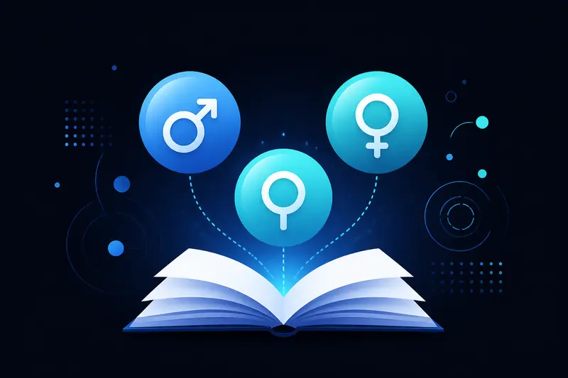 Illustration zu Genus bestimmen im Deutschen mit Symbolen für der, die, das