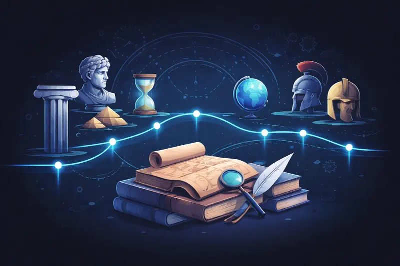 Geschichte lernen Tipps: Zeitstrahl und historische Symbole auf dunklem Hintergrund