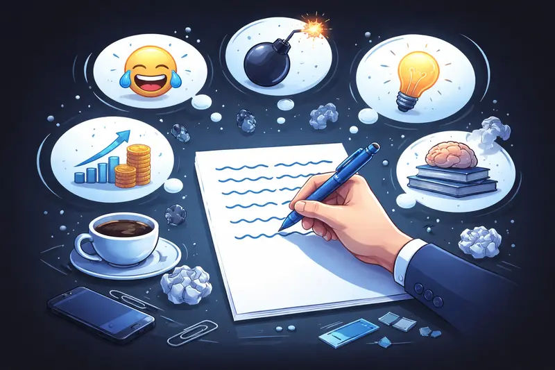 Glosse schreiben: Stift auf Papier mit satirischen Elementen