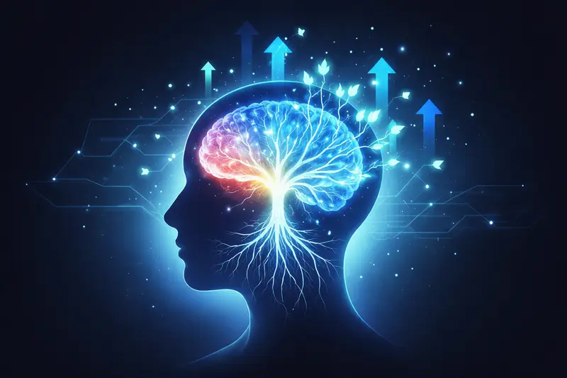 Growth Mindset beim Lernen: Gehirn mit wachsenden Verbindungen symbolisiert Wachstumsdenken