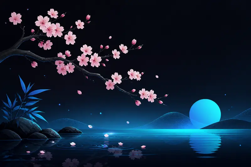 Kirschblüten-Ast über einem stillen Teich als Symbol für Haiku-Poesie
