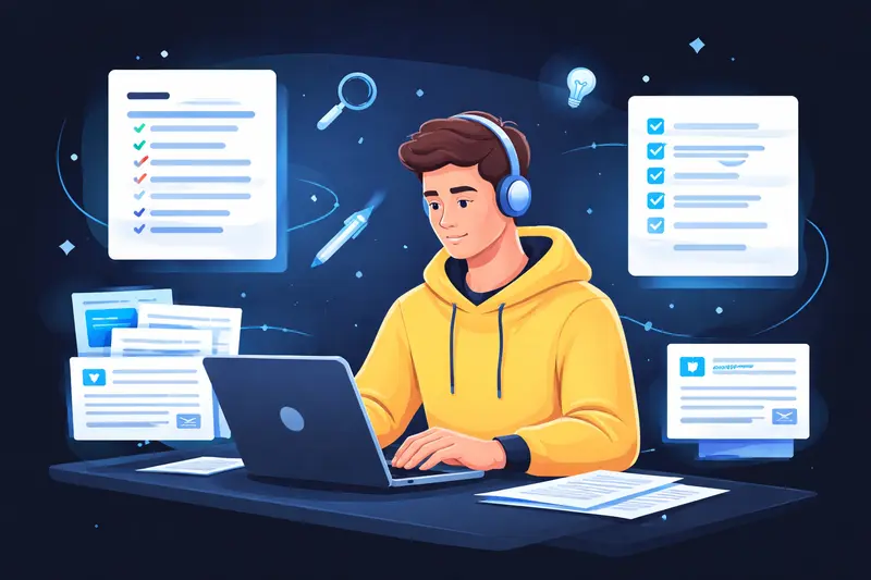 Student schreibt strukturierte Hausarbeit am Laptop mit Gliederung und Quellen