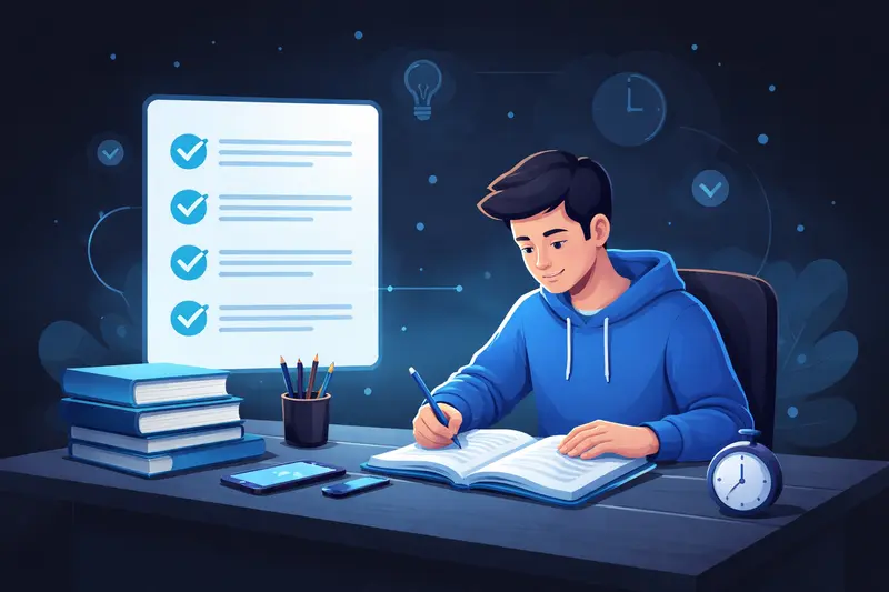 Student erledigt Hausaufgaben konzentriert am Schreibtisch