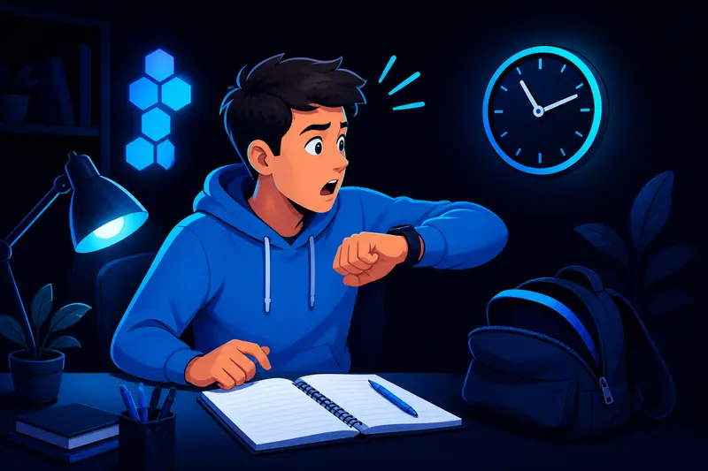Schüler sitzt überrascht am Schreibtisch und blickt auf die Uhr, weil er die Hausaufgaben vergessen hat