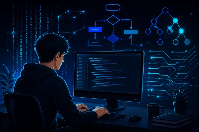 Schüler lernt Informatik Abitur: leuchtender Code auf Bildschirm mit abstrakten Diagrammen und Algorithmen