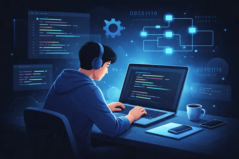 Informatik lernen: Laptop mit Code und abstrakten digitalen Symbolen