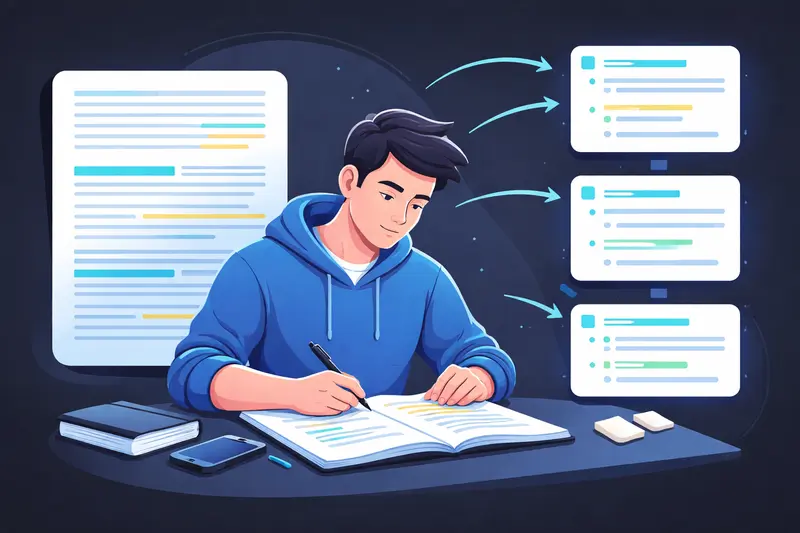 Schüler schreibt eine strukturierte Inhaltsangabe mit klarem Aufbau