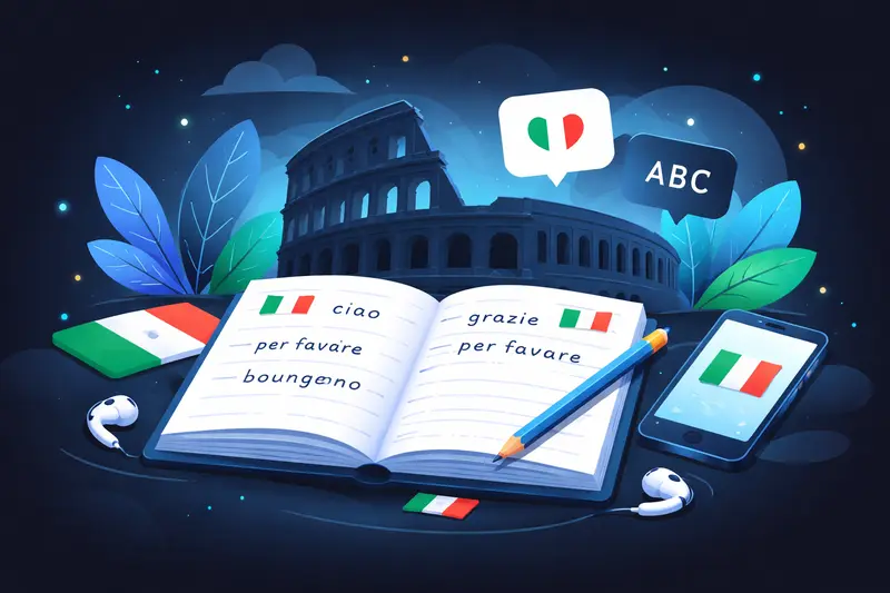 Italienisch lernen Tipps: Notizbuch mit italienischen Vokabeln vor dunklem Hintergrund