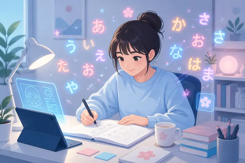Schülerin lernt japanische Schriftzeichen an einem modernen Schreibtisch mit schwebenden Hiragana-Zeichen