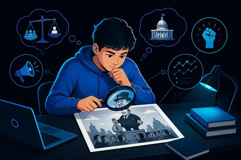 Schüler analysiert eine politische Karikatur für die Schule