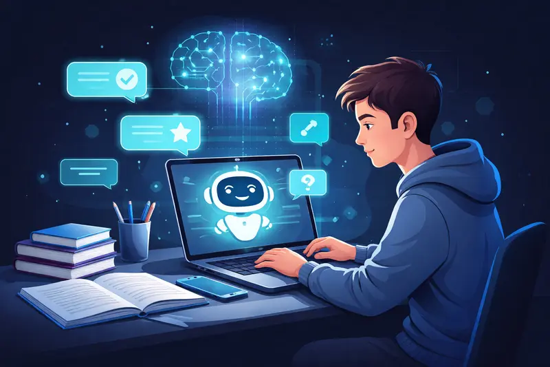 Schüler nutzt KI auf dem Laptop als Hausaufgaben-Hilfe