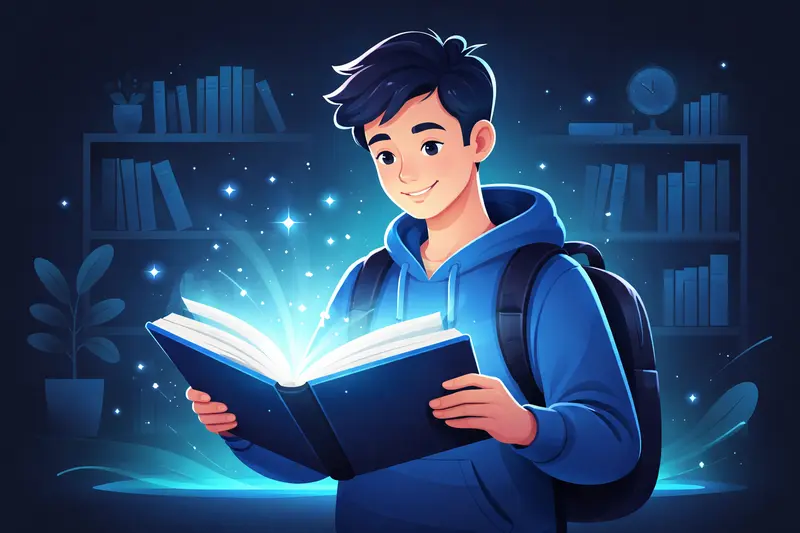 Schüler hält aufgeschlagenes Buch mit leuchtendem Klappentext in der Hand